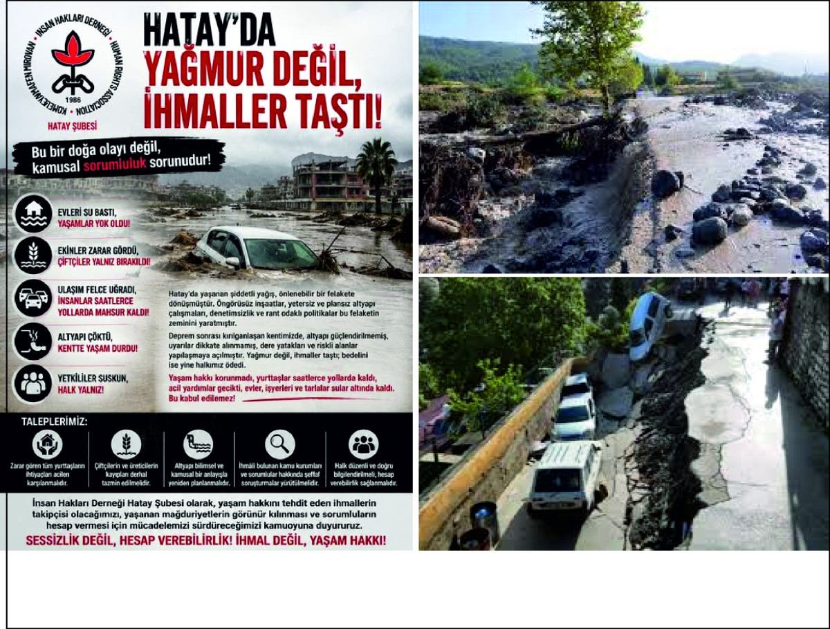 İHD Hatay Şubesi:  Rant Politikaları, Çöken Altyapı ve Kaybedilen Yaşamlar,  “doğal afet” söylemiyle açıklanamaz.