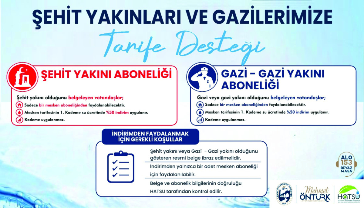 HATSU’DAN ŞEHİT AİLELERİ VE GAZİLERE SU FATURASINDA YÜZDE 50 İNDİRİM